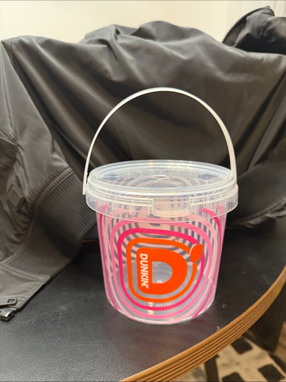 Dunkin Pink Striped Party Bucket with Handle and Clear Lid